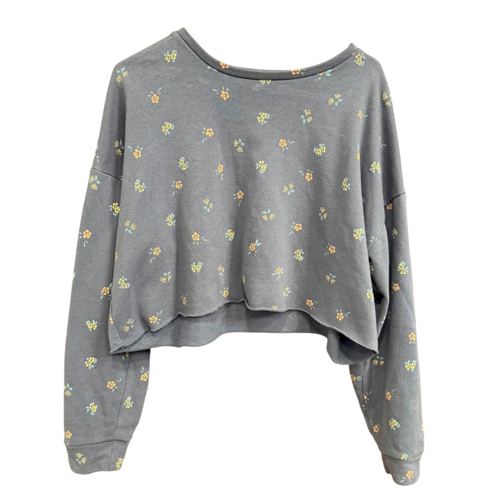 Target Wild Fable Blue Floral Print Cropped Raw‎ Hem Sweatshirt Comfy Casual